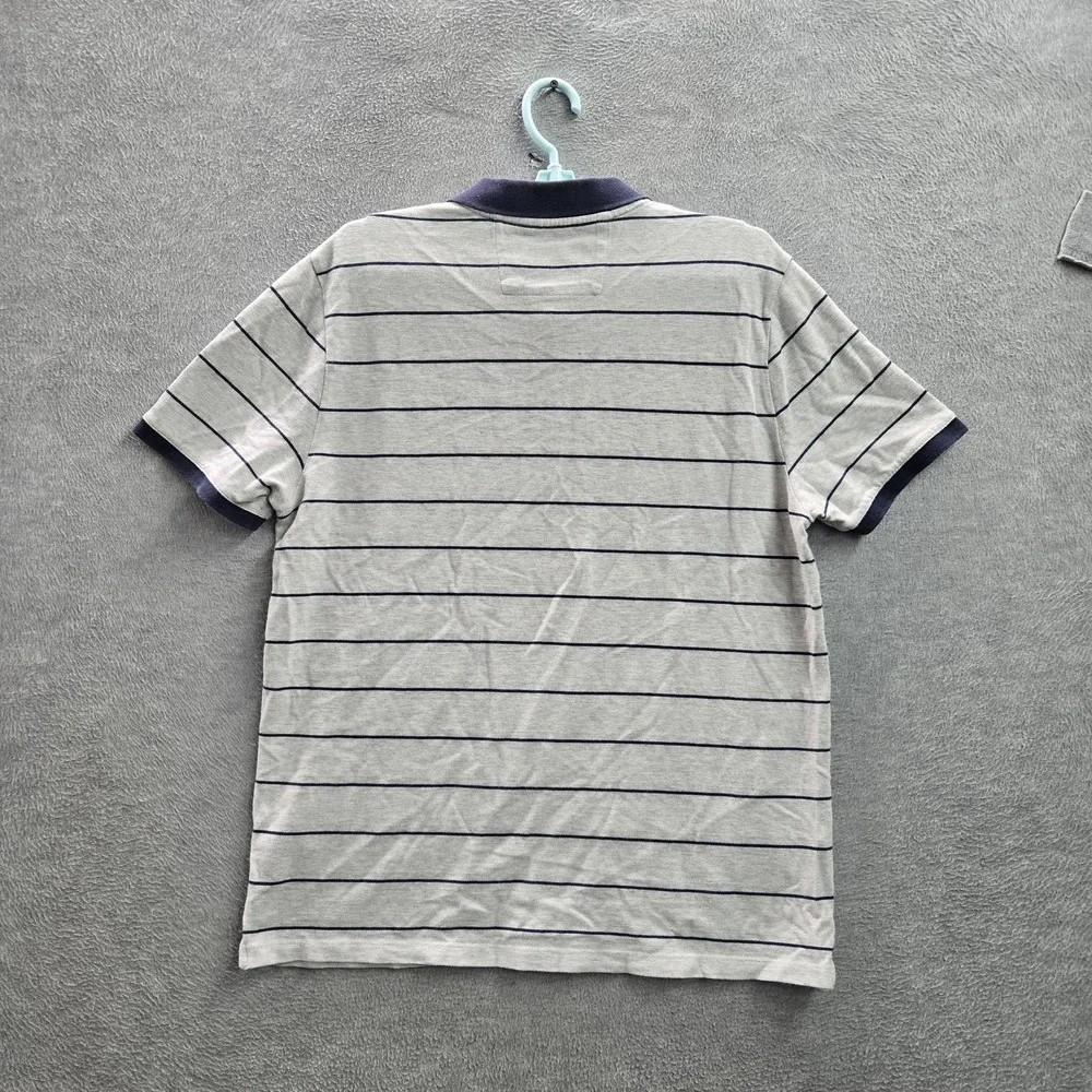 Banana Republic Men Polo L Gray Navy Striped Organic Cotton Short Sleeve